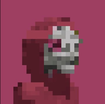 A low-resolution pixel art rendering of a figure with a metallic or robotic face against a solid magenta background.