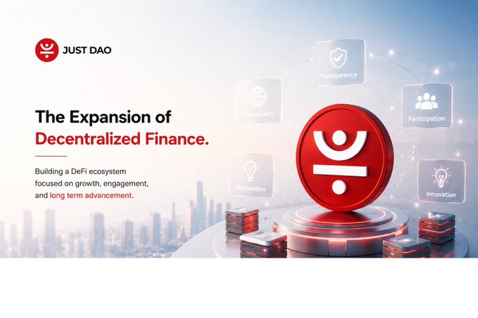 A promotional banner for 'JUST DAO' reading 'The Expansion of Decentralized Finance,' highlighting icons for Transparency, Participation, Innovation, and Persuasion.