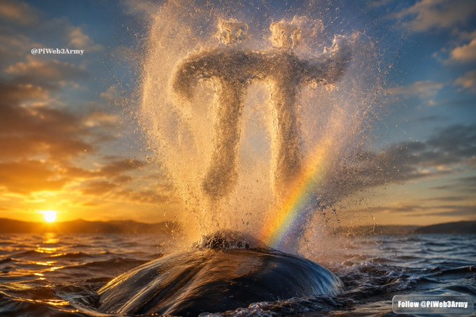 A dramatic image shows water erupting from the ocean surface, forming the shape of a Greek pi symbol with a rainbow visible against a sunset sky, credited to @PIWeb3Army.