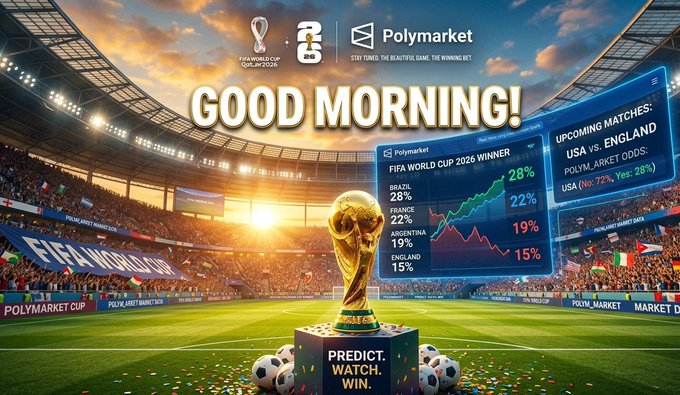 In this image, there is a large football trophy placed near a scoreboard at a stadium during an exciting match between England and Qatar. Below the trophy, you can find text that says "Good morning!" accompanied by a graph showing the match score of each team throughout the game. The background of the image depicts a packed stadium filled with cheering fans. The overall atmosphere conveys anticipation for the remaining games to unfold.