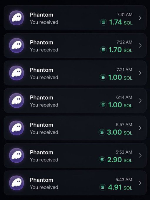 A mobile app screenshot showing a transaction history with multiple entries from 'Phantom' showing received SOL amounts ranging from 1.00 to 4.91 SOL with timestamps.