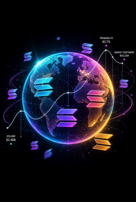A colorful digital graphic of a globe surrounded by Solana logos, with text reading 'PROBABILITY 83.7%', 'MARKET SENTIMENT BULLISH', and 'VOLUME $2.48B'.