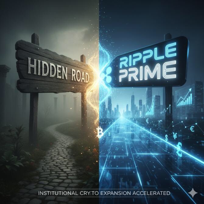 A promotional image with "RIPPLE PRIME" text on the right (futuristic neon cityscape) versus "HIDDEN ROAD" on the left (rustic wooden sign on a misty path), with the caption "INSTITUTIONAL CRY TO EXPANSION ACCELERATED."