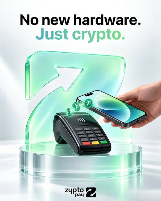An advertisement for Zytopay reads 'No new hardware. Just crypto.', showing a hand holding a smartphone with Tether coins tapping against a contactless payment terminal in front of a glowing green number 7.