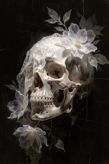 A dark, gothic painting of a human skull decorated with white flowers and draped in white lace.
