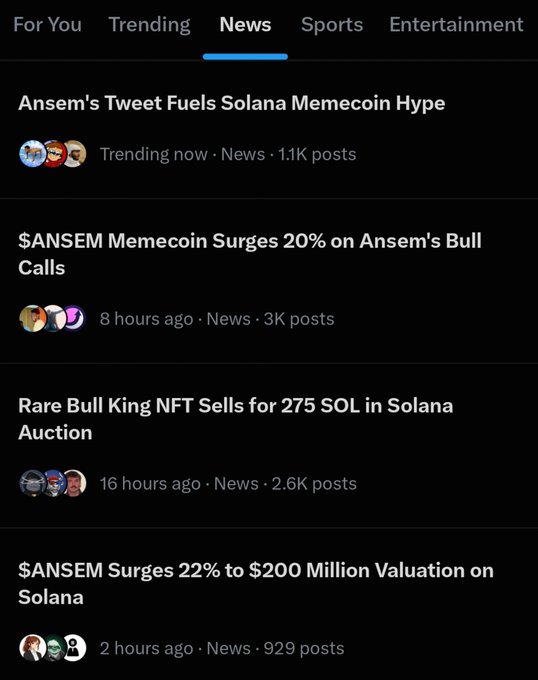 A social media news feed under the "News" tab displays multiple trending headlines centered on Solana memecoin activity, including "Ansem's Tweet Fuels Solana Memecoin Hype" (1.1K posts), "$ANSEM Memecoin Surges 20% on Ansem's Bull Calls" (3K posts), and "$ANSEM Surges 22% to $200 Million Valuation on Solana" (929 posts). The image directly supports the post's observation that Ansem and $ANSEM have become their own dominant news category, as every visible headline revolves around his influence on Solana-based tokens.