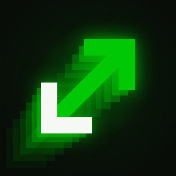 A glowing green pixel-art arrow points upward against a dark background, visually reinforcing the "up" direction highlighted in the post's metrics of $5M+ TVL, $100M+ volume, and $500K+ fees. The vibrant neon style emphasizes growth and upward momentum in the project's key performance indicators.