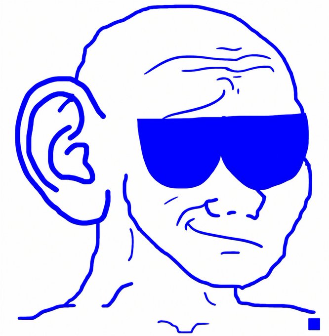A blue line drawing of a bald man with a large ear wearing sunglasses, illustrating the social anxiety of constantly overhearing conversations, as suggested by the caption "HEARINGc THINGSc..."