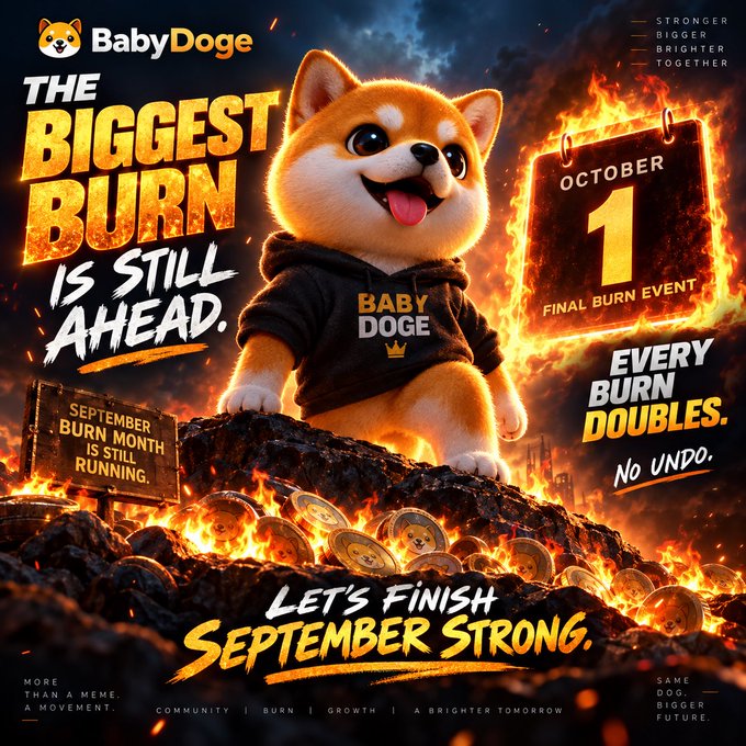 A promotional graphic for 'BabyDoge' features a Shiba Inu character in a hoodie with the text 'THE BIGGEST BURN IS STILL AHEAD' and 'OCTOBER 1 FINAL BURN EVENT'.