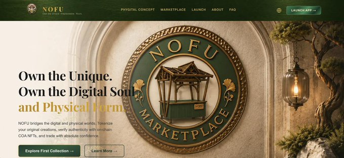 A screenshot of the NOFU Marketplace website with the tagline "Own the Unique. Own the Digital Soul and Physical Form," featuring a green and gold emblem with a Japanese-style wooden structure.