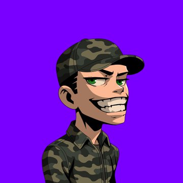 An animated character wearing a camouflage cap and jacket grins mischievously against a purple background.