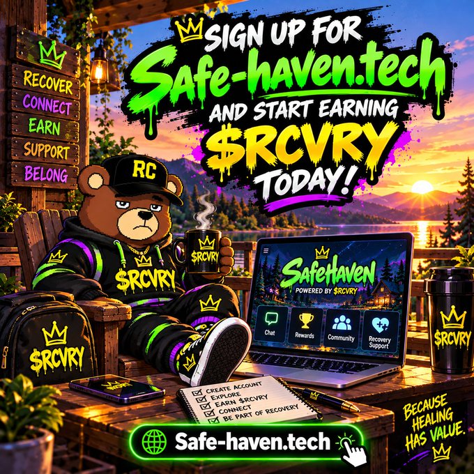 An advertisement for Safe-haven.tech featuring an anthropomorphic bear in a tracksuit with "$RCVRY" branding, promoting signup with text "SIGN UP FOR Safe-haven.tech AND START EARNING $RCVRY TODAY!"