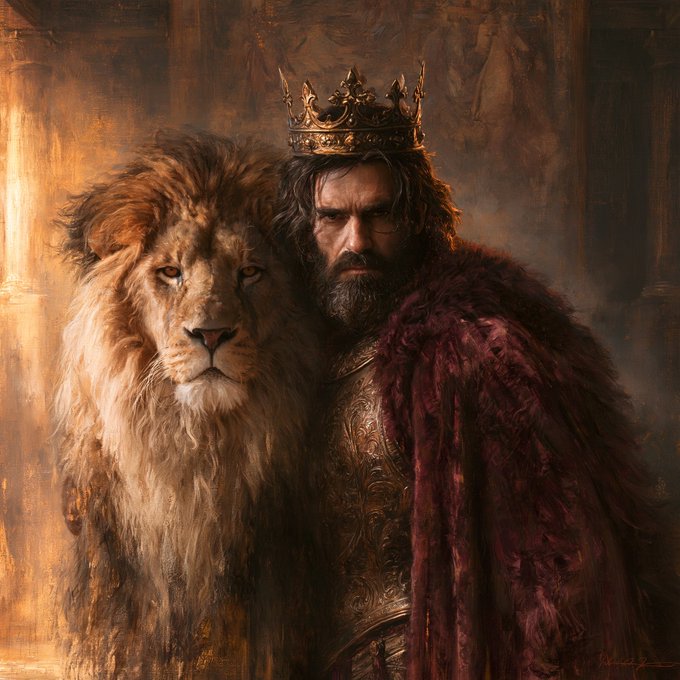 A fantasy painting depicting a bearded king wearing a golden crown and a red fur cloak, standing beside a large lion.