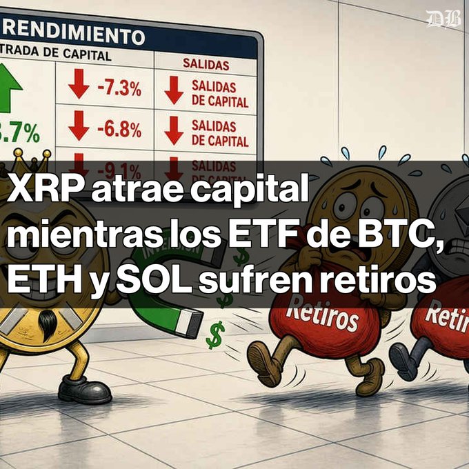 A Spanish-language financial graphic shows cartoon characters running, with text stating 'XRP atrae capital mientras los ETF de BTC, ETH y SOL sufren retiros' alongside red downward arrows for capital outflows.