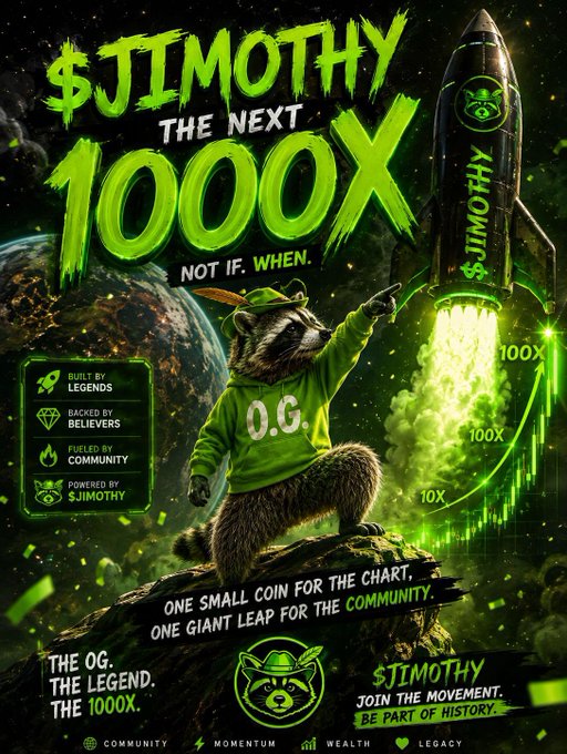 A promotional graphic for '$JIMOTHY' cryptocurrency featuring a raccoon in a green 'O.G.' hoodie pointing at a rocket launching with text 'THE NEXT 1000X - NOT IF. WHEN.' and various marketing taglines.