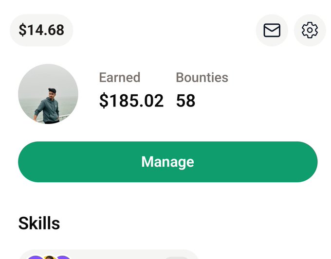 A user profile screen showing an earned amount of $185.02 and 58 bounties, with a $14.68 balance displayed at the top and a green 'Manage' button.