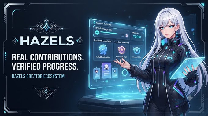 A promotional image for 'HAZELS CREATOR ECOSYSTEM' featuring the text 'REAL CONTRIBUTIONS. VERIFIED PROGRESS.' alongside an anime-style character with silver hair interacting with a holographic dashboard displaying verified campaign tasks and contributor leaderboards.