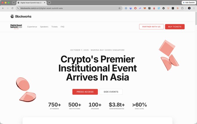 A promotional webpage for Blockworks' Digital Asset Summit Asia, scheduled for October 7, 2026 at Marina Bay Sands Singapore, highlights the event as "Crypto's Premier Institutional Event Arrives In Asia" with stats showing 750+ attendees, 500+ institutions, 100+ speakers, $3.8B+ AUM represented, and >60% exec level participation. The bold claim of it being the best institutional crypto event Asia has seen is directly supported by the webpage's emphasis on institutional figures and high AUM representation.