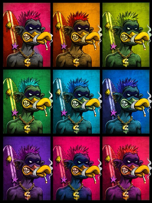 A 3x3 grid of nine identical cartoon bird characters, each holding a baseball bat and wearing a gold "$" chain, displayed in various vibrant color variations (pink, orange, green, teal, blue, purple, and red) in an Andy Warhol pop-art style, promoting the "OOZGANG" NFT collection launching on ApeChain with a mint date of July 14, 2026.