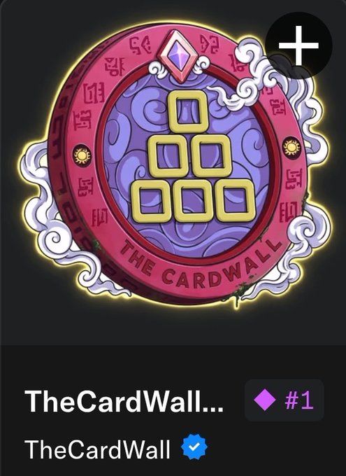 The image shows an NFT profile from a collection called "TheCardWall," specifically piece #1, featuring a vibrant pink and purple medallion design with gold square symbols and mystical runes, labeled "THE CARDWALL" at the bottom. The post celebrates the acquisition, promoting the collection as essential for serious NFT collectors in 2026.