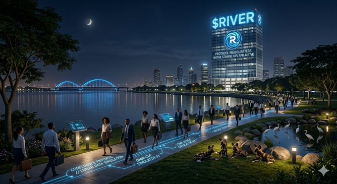 The image shows a night scene of a city street with a group of people walking along a path, leading towards a river and some buildings. In the foreground, several individuals can be seen. A large banner displays the name "River" on a building next to the waterway. Another banner advertises a company called "@RiverdotInc". The image also contains text that says "GN $RIVER Wavers The weekend is in full swing, and while casual retail traders clear their dashboards, the automated yield and risk engines behind @River4fun are operating on pure execution."
