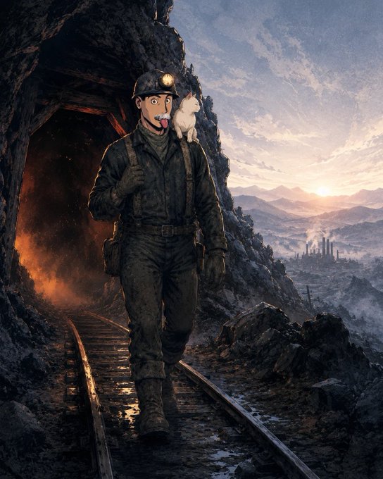 An anime-style illustration shows a miner with a headlamp and a small white creature on his shoulder walking along train tracks emerging from a fiery cave, with an industrial landscape and sunset in the background.