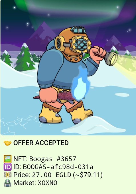 The image features a cartoon character dressed as a scuba diver, holding a lantern while walking across a snowy landscape with mountains in the background. The character appears to be wearing a blue sweater and brown boots, giving them a scuba diving theme. The caption of the image reads "Offer Accepted", indicating that someone has accepted an offer for this character or their depiction within the post.