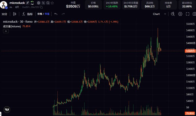 A cryptocurrency price chart displaying microduck on fomo exchange, showing a price of $3509.9 with a 24-hour change of +16.49% and a 1-year gain of 22.89%.
