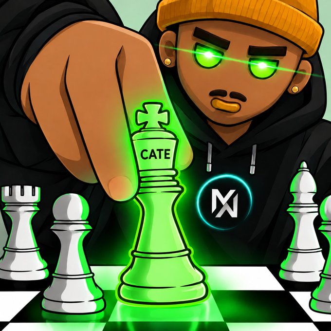 A cartoon-style illustration of a man in a black hoodie and orange beanie with glowing green eyes, moving a glowing green king chess piece labeled 'CATE' on a chessboard, with an 'NX' logo nearby.