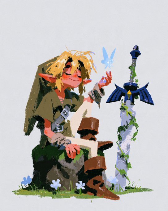 A digital illustration depicts Link from The Legend of Zelda wearing his classic green tunic and brown boots, sitting casually while smiling and holding his hand up toward a small blue fairy fluttering near the iconic Master Sword standing in the ground beside him, surrounded by grass and small blue flowers. The artwork captures a peaceful, contented moment that matches the caption's description of Link "chilling on his way back home."