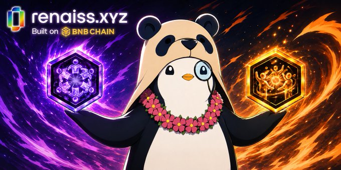 A promotional graphic for 'renaiss.xyz Built on BNB CHAIN' featuring a cute penguin wearing a panda hat and a flower lei, holding two glowing hexagonal emblems against a swirling purple and orange background.