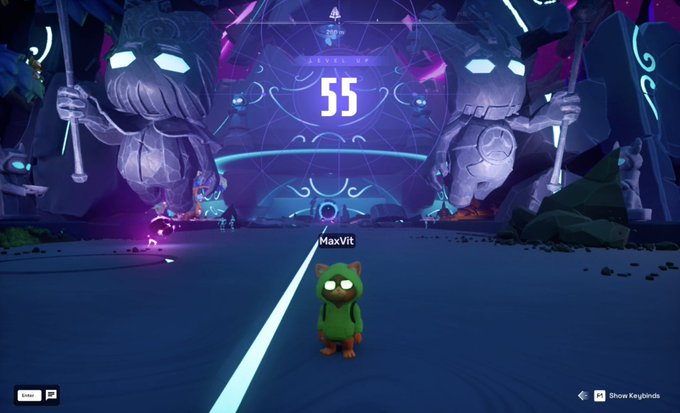 A player named "MaxVit" stands in a mystical OthersideMeta arena with the number "55" prominently displayed on a glowing portal, marking their level achievement as celebrated in the post. Two large stone warrior statues flank the scene in the purple-lit environment.