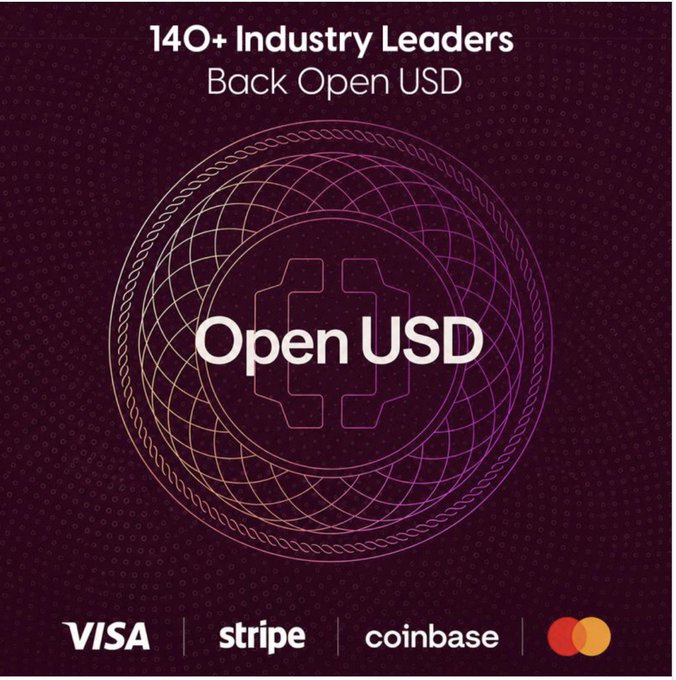 A promotional graphic stating '140+ Industry Leaders Back Open USD' featuring the Open USD logo and sponsor logos for VISA, Stripe, Coinbase, and Mastercard.