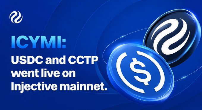The image shows two coins being compared, one blue and one white. The caption of the image reads "ICYMI: @USDC and @CCTP went live on @Injective mainnet. $77 billion in circulation. $11.9 trillion in onchain transaction volume processed in 2025 alone. The world’s largest regulated stablecoin is now natively integrated on the fastest blockchain built for finance." Focus on what is in the image and how it relates to the post, providing an explanation or context about the coins being compared using a visual aid like a chart or comparison diagram.