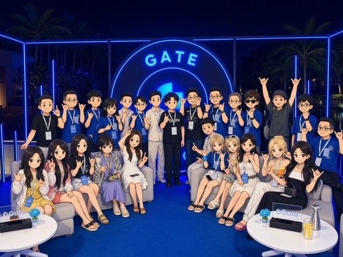 A group photo of attendees and staff at the "Gate" event in Bali, featuring anime-style characters and people posing together in front of a glowing blue "GATE" sign, celebrating the launch announcement made by Boss Han.