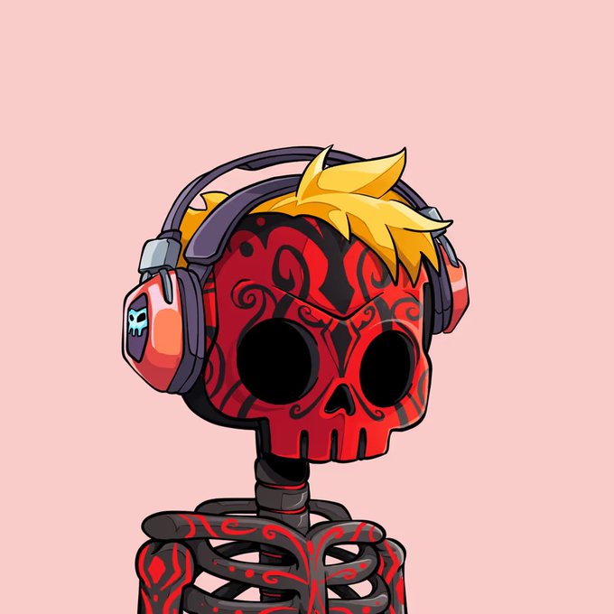A digital illustration of a skeleton character with a red, ornately decorated skull, yellow flame-like hair, and red headphones with a small ghost icon, set against a pink background.