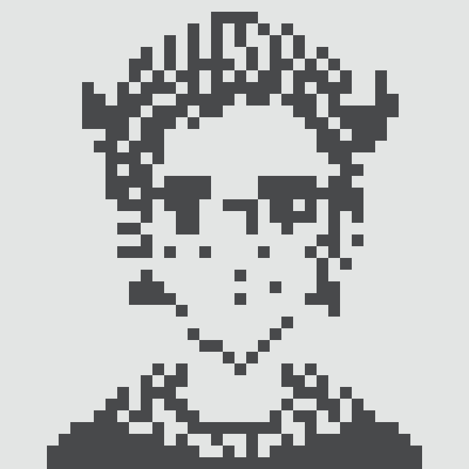 A pixel art portrait of a person with curly hair, depicted in black and white.