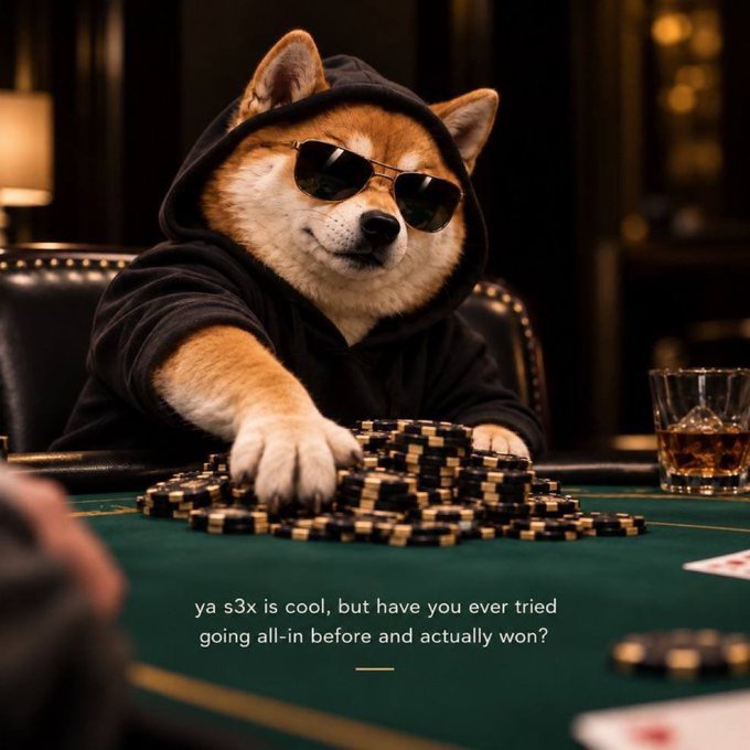 A Shiba Inu wearing sunglasses and a black hoodie sits confidently at a poker table, paws resting on a large stack of chips with a glass of whiskey nearby. The text reads "ya s3x is cool, but have you ever tried going all-in before and actually won?"—pairing perfectly with the "all-in" theme by depicting the dog literally going all-in on the felt.