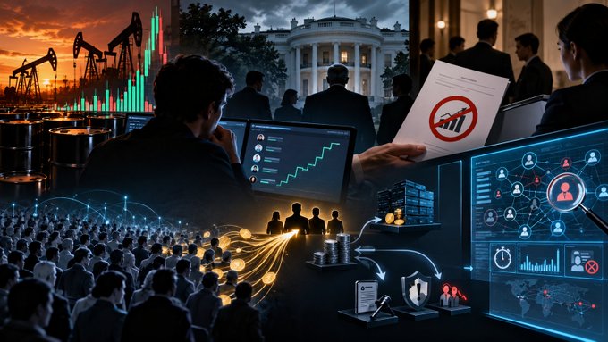 A digital collage illustrating financial and political themes, including oil derricks, the US Capitol, stock market charts, and data networks.