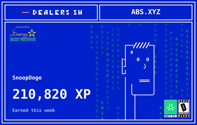 A blue digital card or interface showing the username 'SnoopDoge' with '210,820 XP' earned 'this week', featuring logos for 'DEALERS.SW', 'ABS.XYZ', and 'iEnergy DEGEN PREVENTER'.