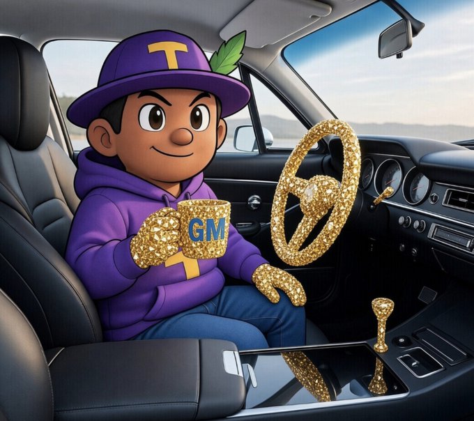 A cartoon character wearing a purple hat with a 'T' logo and a matching hoodie sits in the driver's seat of a car, featuring gold-encrusted hands, steering wheel, and a 'GM' mug.