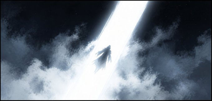 An atmospheric anime-style scene depicting a silhouetted figure with long flowing hair standing before a massive vertical beam of light cutting through dark clouds and mist.