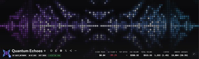 A dark banner for 'Quantum Echoes' with a pixelated purple and blue equalizer design, showing token metrics like Floor Price $0.04, Top Offer $260.32, and Total Volume $515.55.