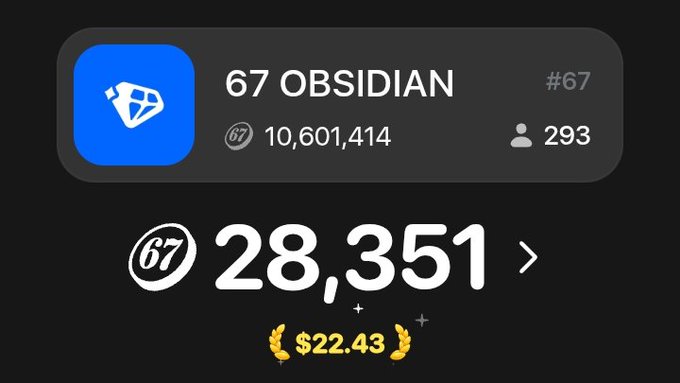 The image shows a digital asset card from the SixSeven app displaying "67 OBSIDIAN #67" with 10,601,414 tokens held by 293 holders, alongside a points balance of 28,351 valued at $22.43, illustrating the conversion of in-app points to tangible token value as described in the post about SixSeven's new live token feature.