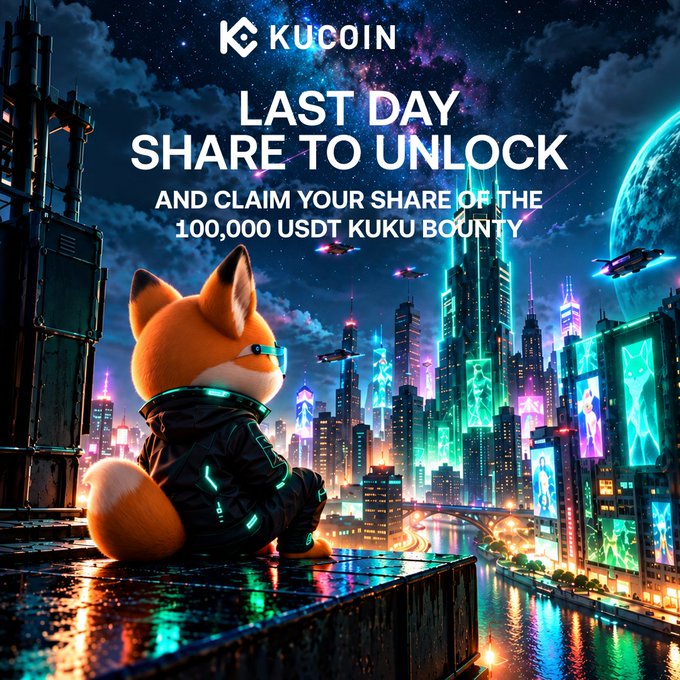 A fox-like mascot wearing futuristic gear gazes out over a vibrant neon cyberpunk cityscape under a starry sky with planets and spacecraft, overlaid with the text "KUCOIN: LAST DAY SHARE TO UNLOCK AND CLAIM YOUR SHARE OF THE 100,000 USDT KUKU BOUNTY." The sci-fi visual ties into the post's call to action, framing the final day of KuCoin's KuKu Universe trading campaign with an immersive, otherworldly theme.