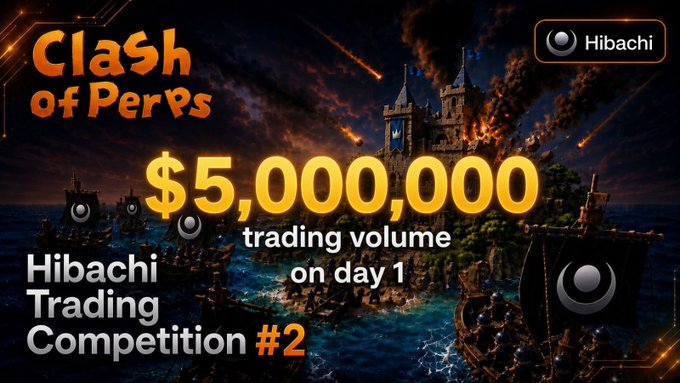 Advertisement for the 'Hibachi Trading Competition #2' under the 'Clash of Perps' brand, celebrating $5,000,000 trading volume on day 1, featuring medieval castles and pirate ships.