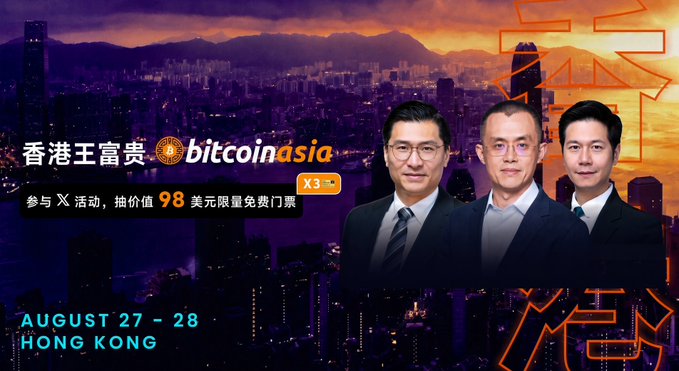 A promotional graphic for Bitcoin Asia Hong Kong (August 27-28) features three men in suits against a Hong Kong cityscape skyline at sunset, advertising a giveaway of 3 free tickets priced at $98 USD in partnership with "香港王富贵" (Hong Kong Fortune Village).