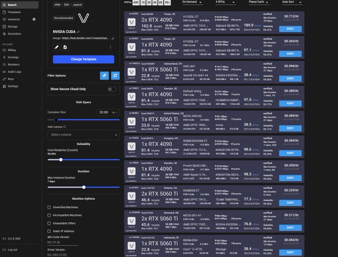 A screenshot of a GPU rental platform (likely Vast.ai) displaying various NVIDIA RTX 4090 and RTX 5060 Ti rental listings with hourly prices, filters, and rental buttons.