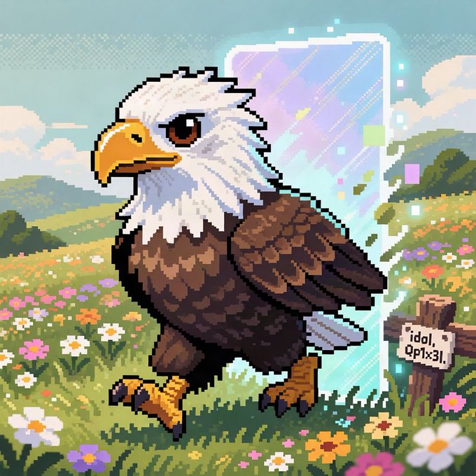 Pixel art illustration of a bald eagle standing in a field of colorful flowers, with a glowing portal frame behind it and a wooden sign reading 'idal Qp1x3I.'