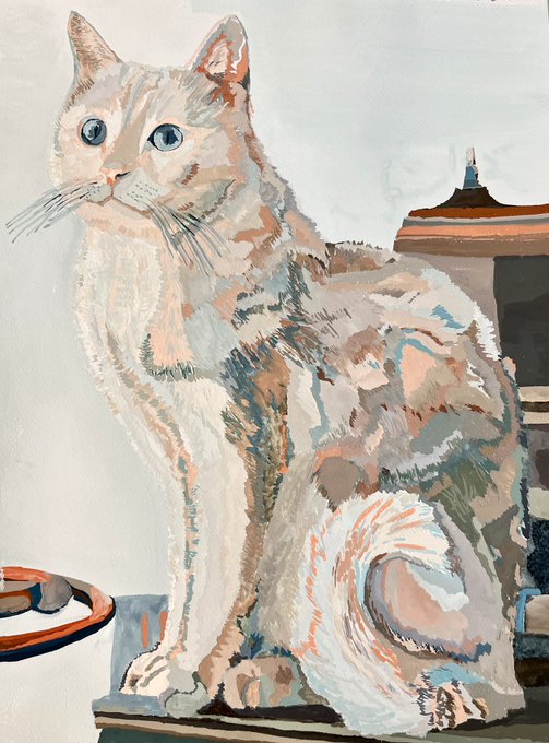 A painted portrait of a cream-and-orange cat with striking blue eyes sitting and looking to the side in an interior setting.